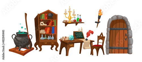 Different objects for wizard school vector illustrations set. Library, room interior with candles, pot or cauldron, books, potions, old papyrus paper scroll. Magic, fairy tale, Halloween concept