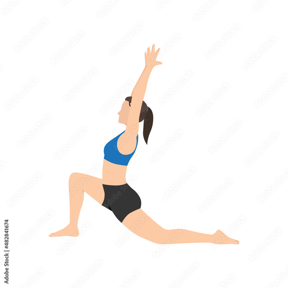 Woman doing Low lunge pose anjaneyasana exercise. Flat vector illustration isolated on white background