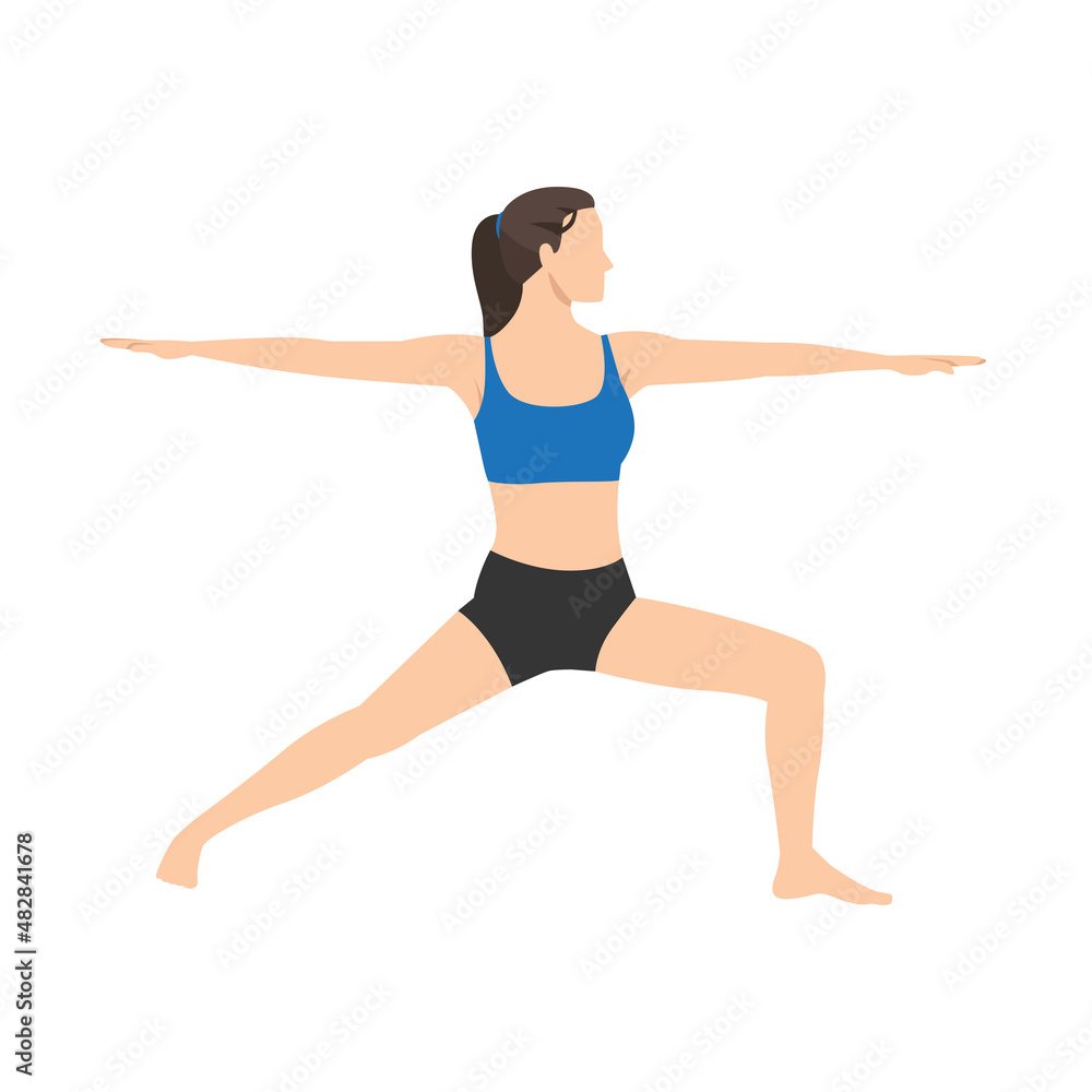 Woman doing warrior II pose virabhadrasana II exercise. Flat vector illustration isolated on white background