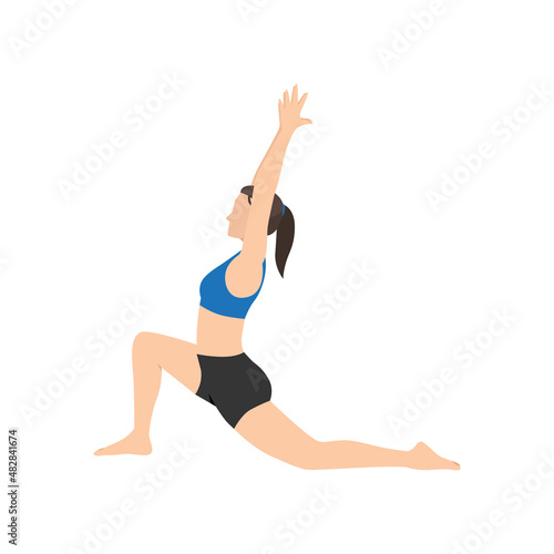 Woman doing Low lunge pose anjaneyasana exercise. Flat vector illustration isolated on white background