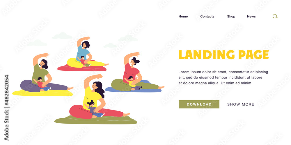 Women doing yoga with babies. Flat vector illustration. Group of mothers exercising with children in gym. Family, healthy lifestyle, sport, motherhood concept for banner design or landing page Women doing yoga with babies. Flat vector illustration. Group of mothers exercising with children in gym. Family, healthy lifestyle, sport, motherhood concept for banner design or landing page