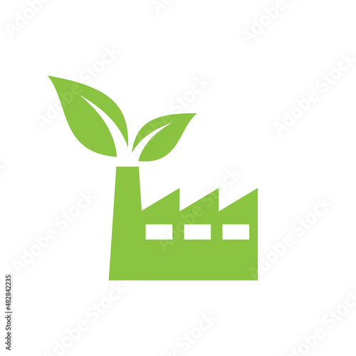 Green factory with leaves filled vector icon. Eco friendly symbol.