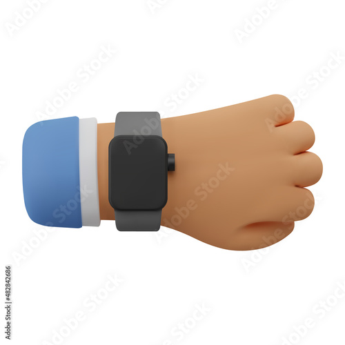 3d icon smart watch on hand. Vector cartoon arm wearing wristband clock gesture. Realistic illustration
