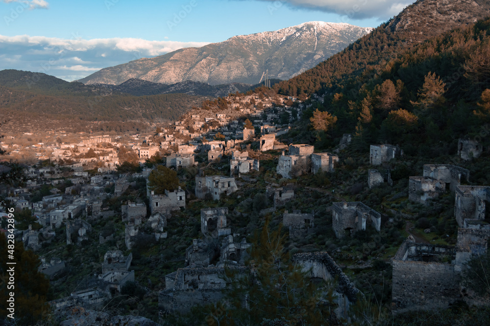 Abandoned ghost town. Top view of old city with historical structures. Fethiye Kayaköy, Turkey. 