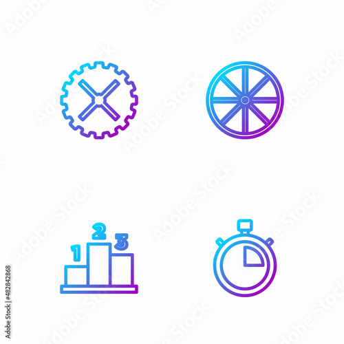 Set line Stopwatch, Award over sports winner podium, Bicycle sprocket crank and wheel. Gradient color icons. Vector