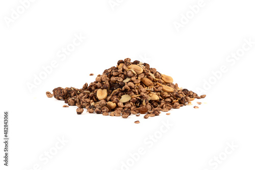 Muesli flakes with chocolate and almonds on a white background.