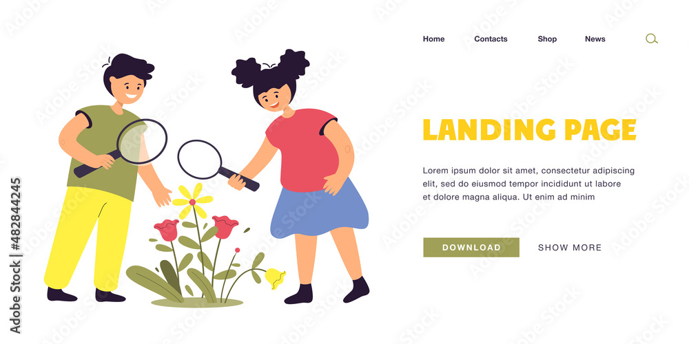 Little cartoon children playing biologists with magnifying glass. Flat vector illustration. Girl and boy searching for butterflies, bees, flowers outdoor. Nature, discovery, biology, childhood concept Little cartoon children playing biologists with magnifying glass. Flat vector illustration. Girl and boy searching for butterflies, bees, flowers outdoor. Nature, discovery, biology, childhood concept