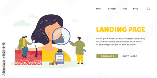 Tiny dermatologists examining skin of patient at hospital. Doctor studying epidermis, skin inflammation flat vector illustration. Dermatology, health concept for banner, website design or landing page