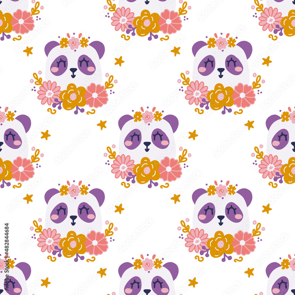 Cute panda face with flowers on white background, vector seamless pattern in flat hand drawn style Cute panda face with flowers on white background, vector seamless pattern in flat hand drawn style