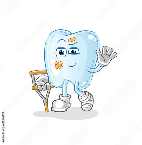 tooth sick with limping stick. cartoon mascot vector
