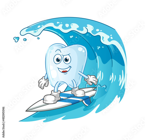 tooth surfing character. cartoon mascot vector