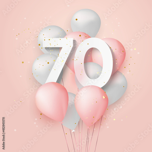 Happy 70th birthday balloons greeting card background. 70 years anniversary. 70th celebrating with confetti. Vector stock	
