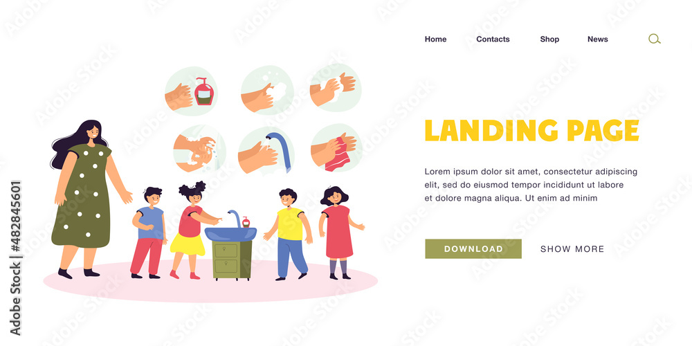 Kids washing hands flat vector illustration. Woman teaching children to wash their hands thoroughly at school. Instructions on how to clean hands properly. Hygiene, covid prevention concept Kids washing hands flat vector illustration. Woman teaching children to wash their hands thoroughly at school. Instructions on how to clean hands properly. Hygiene, covid prevention concept