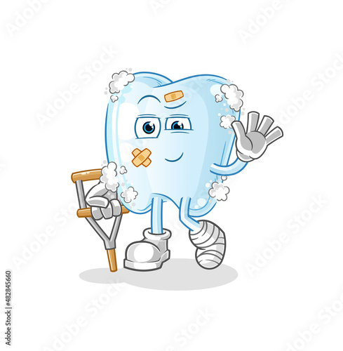 tooth with foam sick with limping stick. cartoon mascot vector