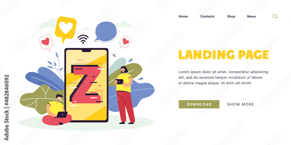 Young people with gadgets and huge phone. Letter Z on screen, boy with laptop, girl with tablet flat vector illustration. Generation Z, technology concept for banner, website design or landing page