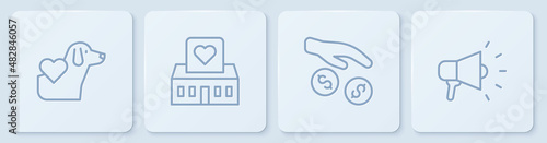 Set line Heart with dog, Donation and charity, Volunteer center and Megaphone. White square button. Vector