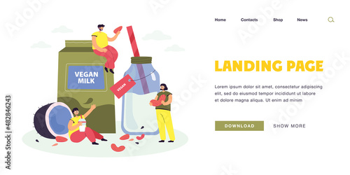 Tiny people with vegan milk. Lactose free milk in bottle, man holding almond, woman with beverage flat vector illustration. Diet, food, veganism concept for banner, website design or landing web page