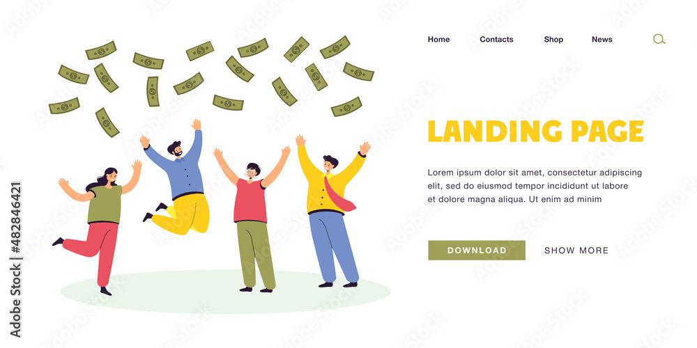 Team of happy people jumping for joy of winning money. Flat vector illustration. Workers standing under falling banknotes, winning jackpot, earning income. Success, luck, profit, business concept Team of happy people jumping for joy of winning money. Flat vector illustration. Workers standing under falling banknotes, winning jackpot, earning income. Success, luck, profit, business concept