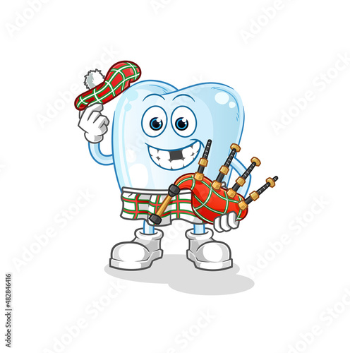 tooth scottish with bagpipes vector. cartoon character