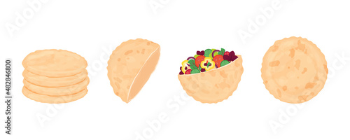 pita bread set. round tortilla stuffed with lettuce and falafel, half pie, a whole serving and stack of fresh baked goods. isolated ingredient for doner kebab preparation. Vector illustration
