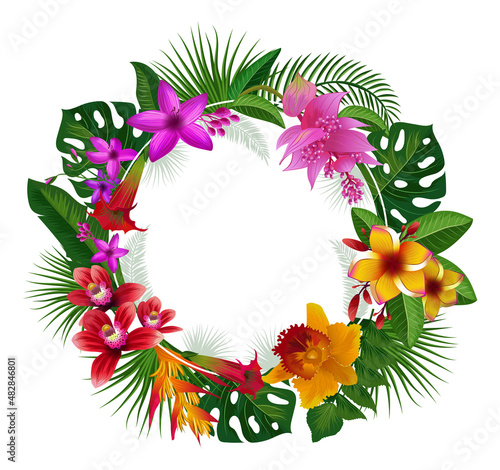 Tropical wreath with exotic flowers. Green round frame