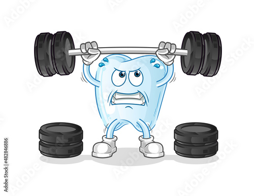 tooth lifting the barbell character. cartoon mascot vector