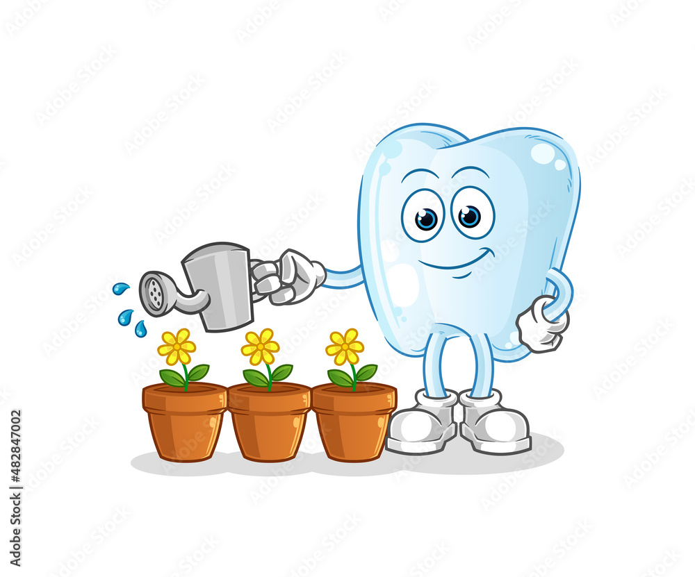 tooth watering the flowers mascot. cartoon vector tooth watering the flowers mascot. cartoon vector