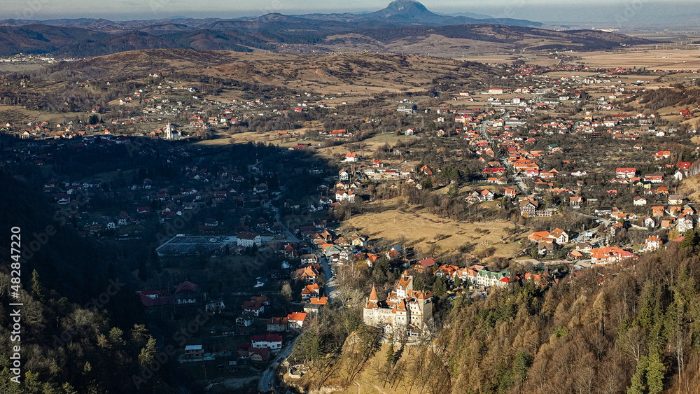 Aerial panorama of a Castle in Transylvania on a sunny day