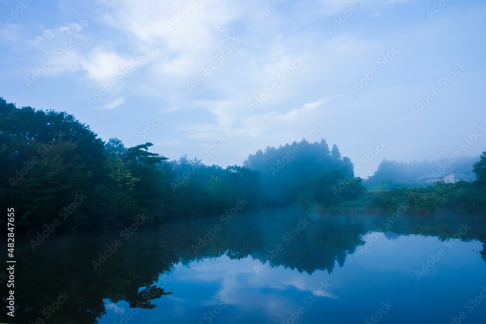 早朝の朝靄に包まれる池