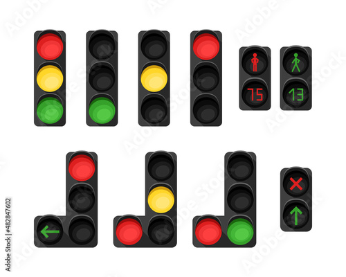 Vector set with illustrations of a traffic light. Traffic regulation.