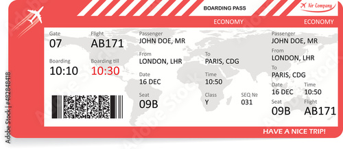 Boarding pass ticket template. Airplane ticket. photo