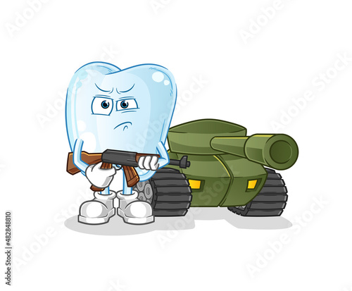 tooth soldier with tank character. cartoon mascot vector