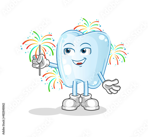 tooth with fireworks mascot. cartoon vector