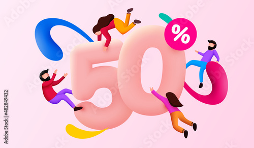 Mega sale. 50 percent discount. Special offer background with flying people. Promotion poster or banner.