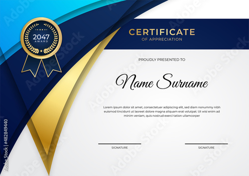 Elegant blue and gold diploma certificate template with gold badge and border