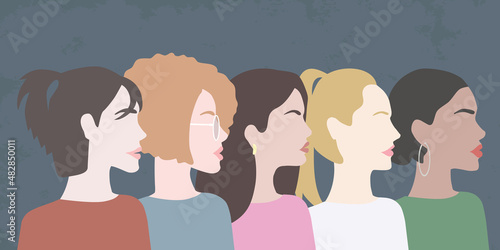 Women of differnet nationalities march for their rights equality, beautiful young women silhouettes vectors, sisterhood illustration