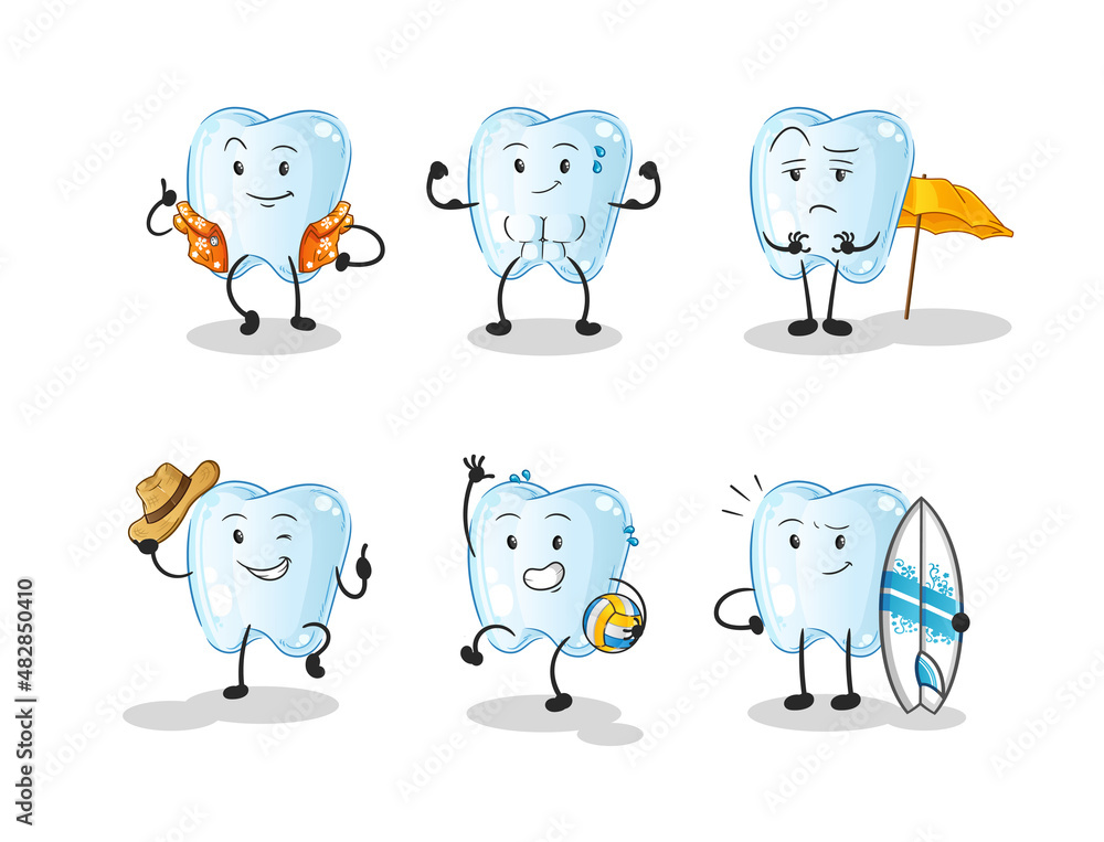 Fotografie tooth beach vacation set character. cartoon mascot vector
