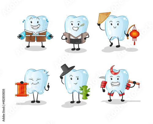 tooth asian culture set . cartoon mascot vector