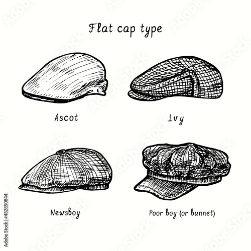 Flat cap type, ascot, ivy, newsboy, poor boy or bunnet. Ink black and white drawing outline illustration