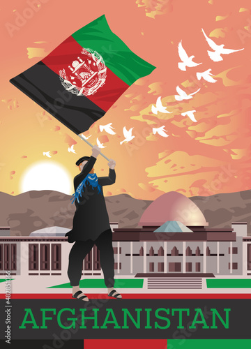 Man in traditional clothes holds the national flag of Afghanistan against the background of the Parliament building. The struggle for peace, values, statehood.