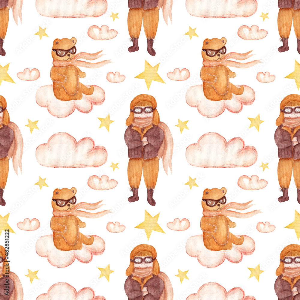 Fototapeta premium Watercolor pattern with stars, clouds, pilot and bear toy on white background. Pattern for various products for kids.