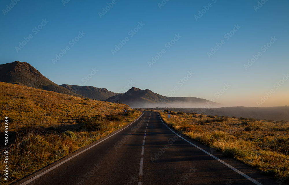 Road on Cabo de Gata Nature Park, Almeria, Spain, during sunrise