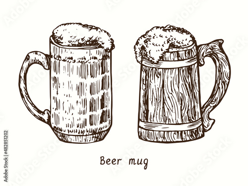 Glass and wooden (tankard) beer mug. Ink black and white doodle drawing in woodcut style.