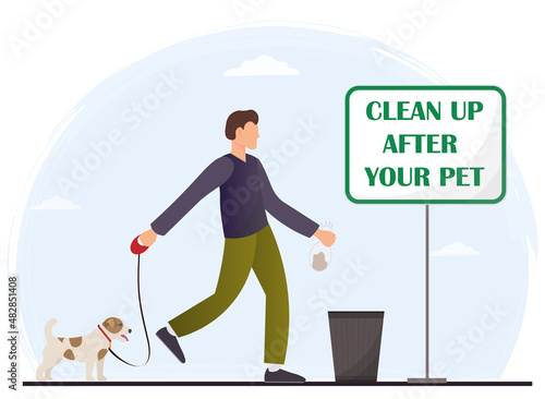 Happy young man walking with his dog, cleaning up after the pets concept, environmental protection concept, flat vector illustration