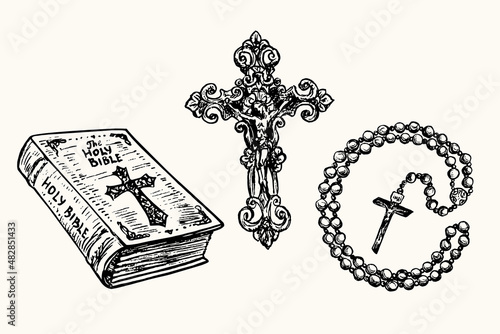 Vintage style Holly Bible, decorative cross with Crucifixion, prayer beads (Roman Catholic rosary beads). Ink black and white drawing  illustration