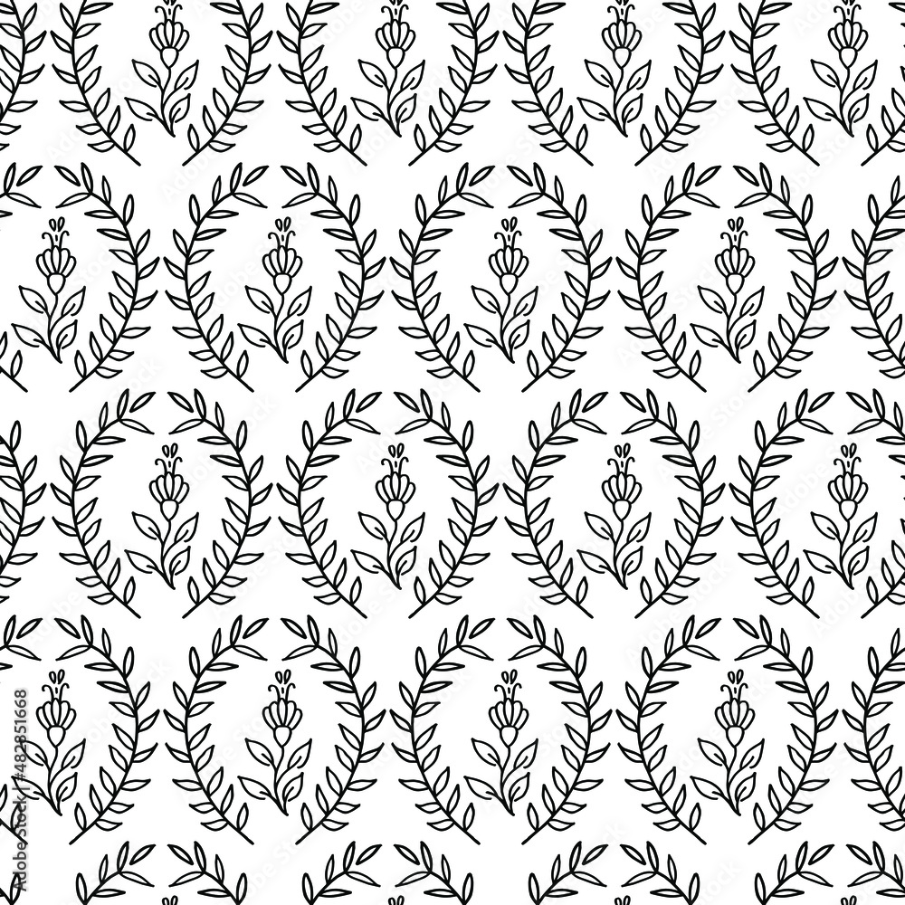 Vector branches with leaves and flower pattern. Banner of hand-scattered branches of linear artistic foliage. Botanical design for ribbon, border, trim.