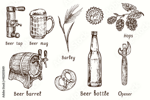 Beer collection, beer tap, dimpled mug, barrel, barley, bottle cap, hops, pretzel, bottle, can and bottle opener. Ink black and white doodle drawing in woodcut style.