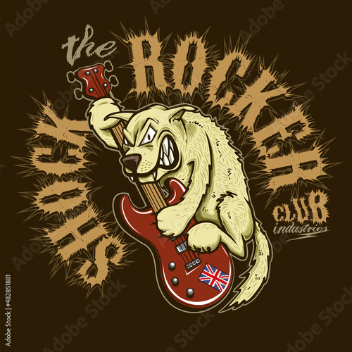Dog bass player angrily playing a bass with an english flag sticker, around him a text with spikes.
