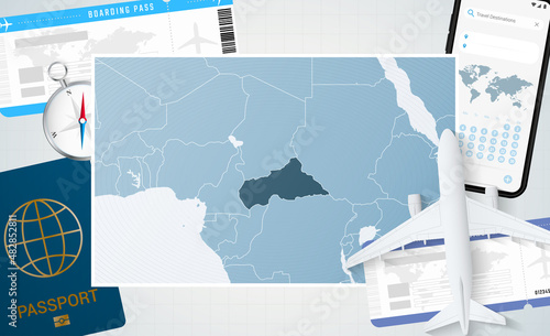 Journey to Central African Republic, illustration with a map of Central African Republic. Background with airplane, cell phone, passport, compass and tickets.