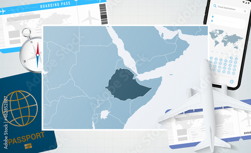 Journey to Ethiopia, illustration with a map of Ethiopia. Background with airplane, cell phone, passport, compass and tickets.